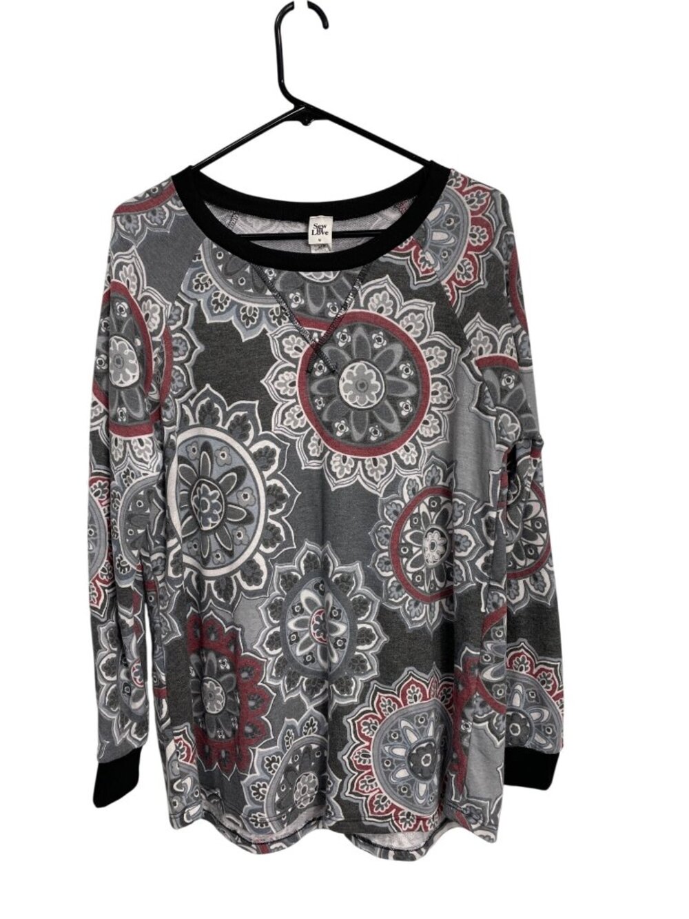 Sew In Love Sweatshirt Medium Long Sleeve Mandala Print Sweater Gray Red Comfort